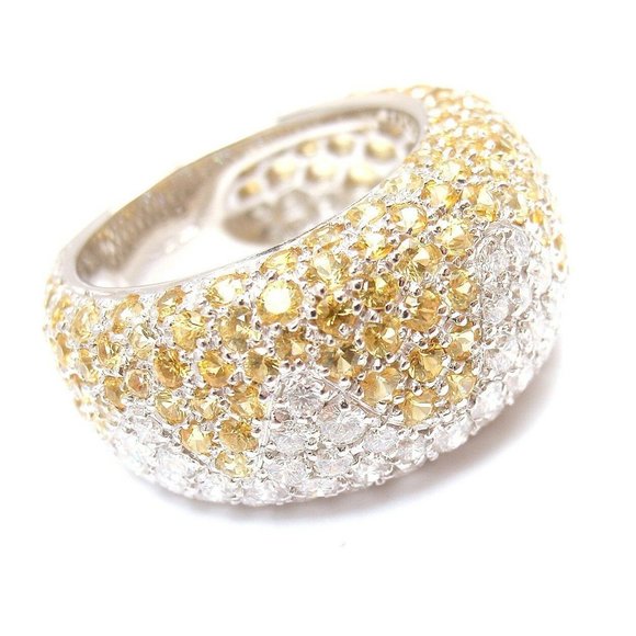 Authentic! Chopard 18k White Gold Yellow Sapphire Diamond Wave Wide Band Ring - Picture 5 of 12